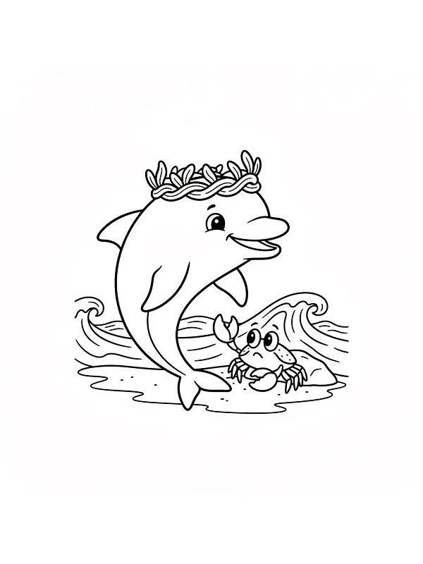 Delfin med krans og krabbe