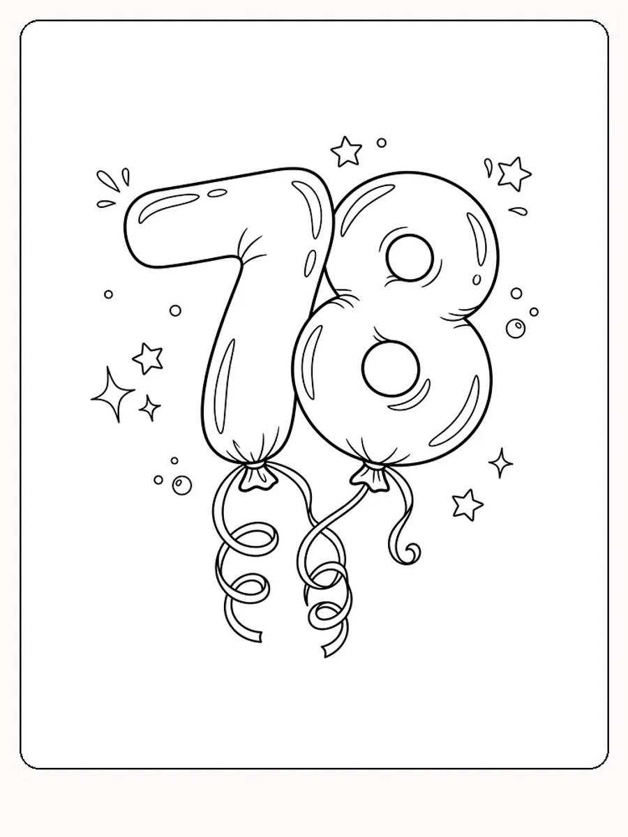 Ballons d'anniversaire en forme de chiffres sept et huit, attachés par des rubans bouclés, avec de petites étoiles et des bulles autour