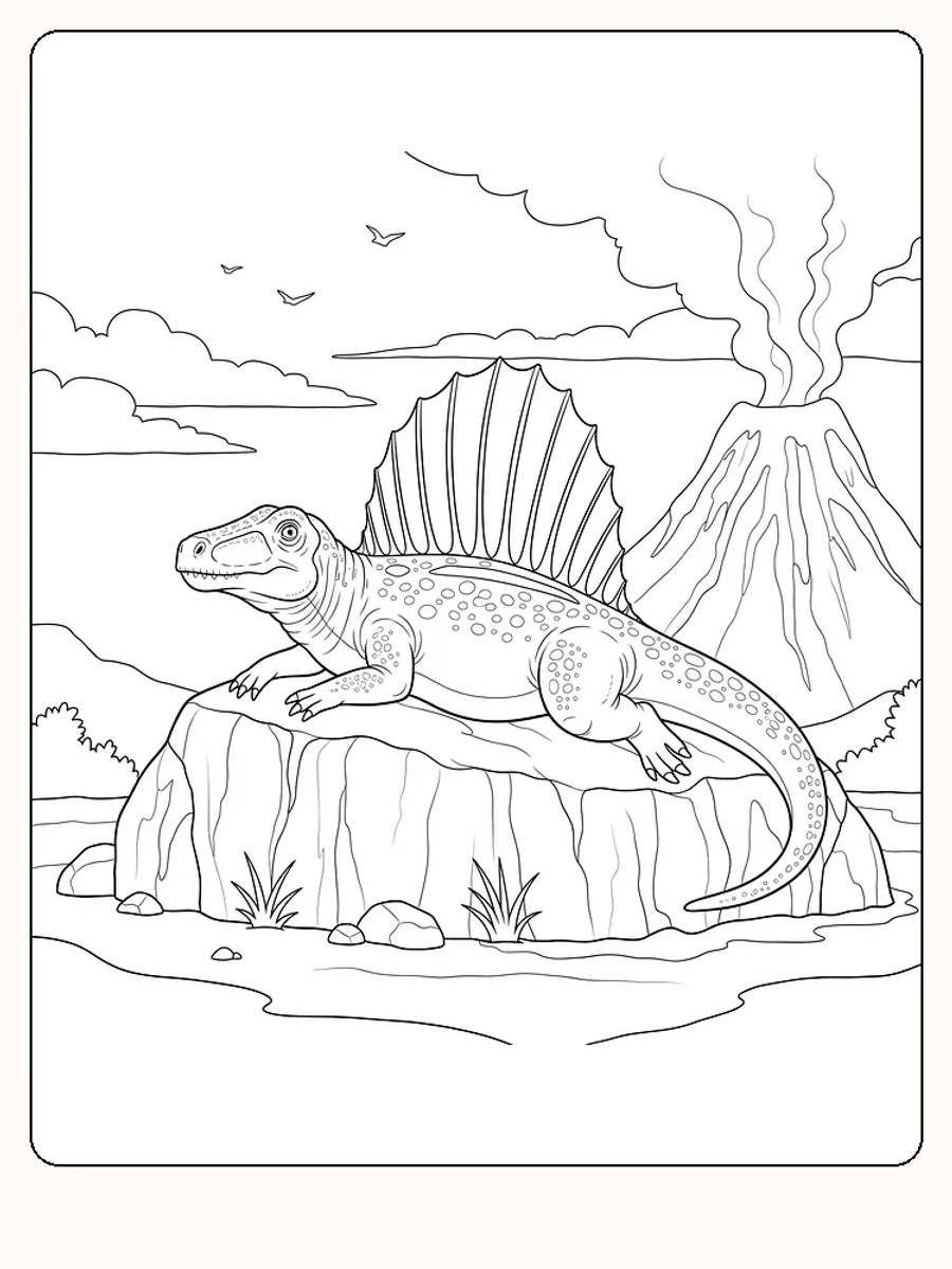 Fargelegging av en dinosaur solbadende på en steinplate med en vulkan i bakgrunnen, klar for utskrift