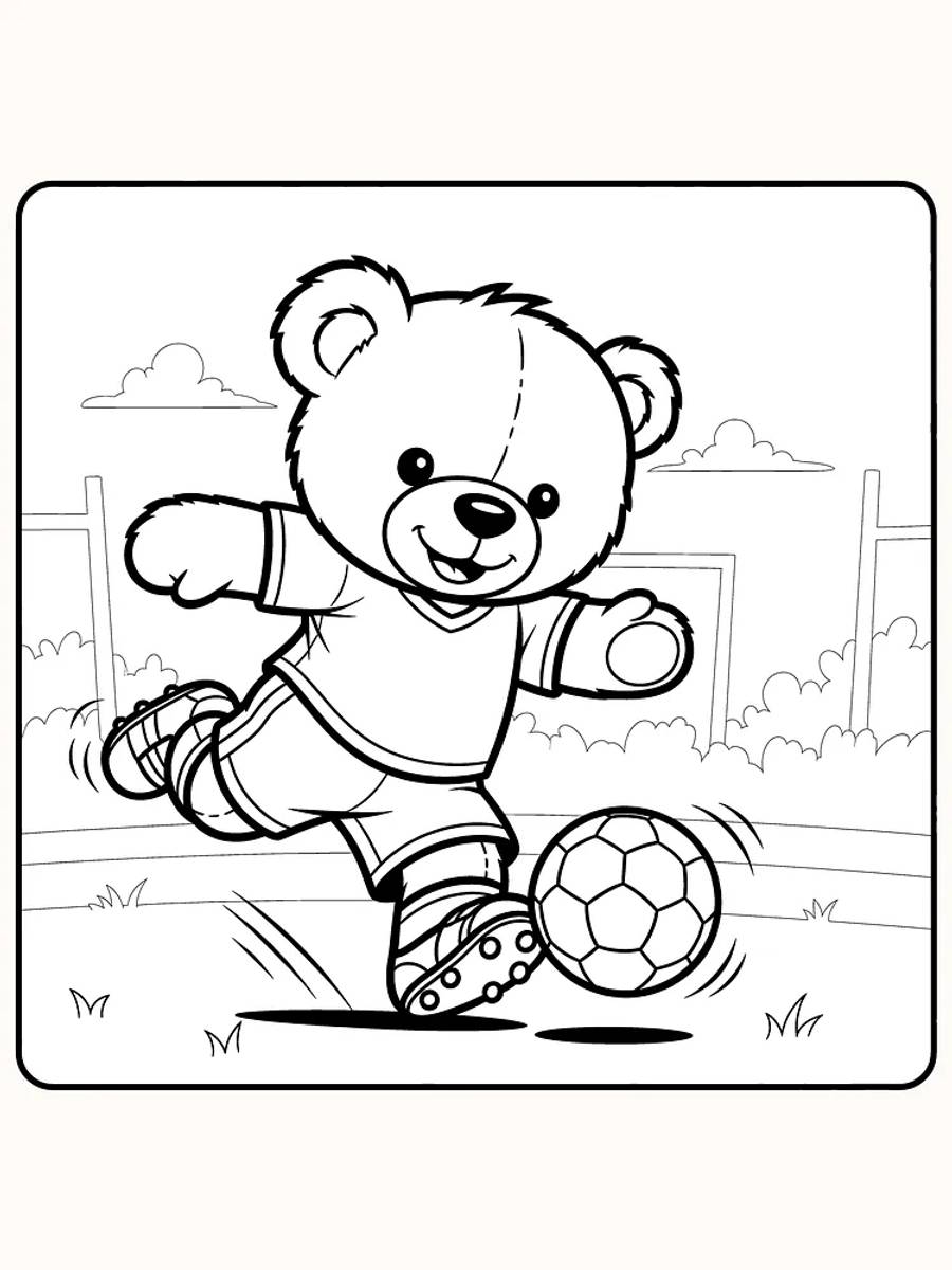 Tegning til farvelægning af en bamse, der spiller fodbold på græs