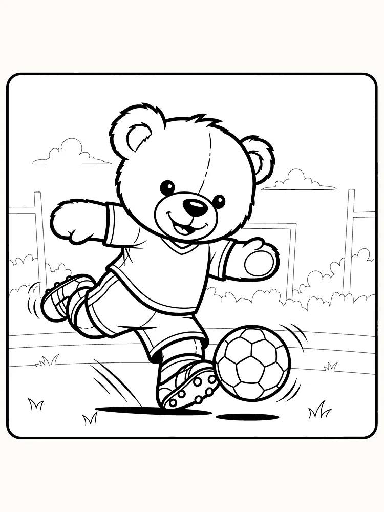 Tegning til farvelægning af en bamse, der spiller fodbold på græs
