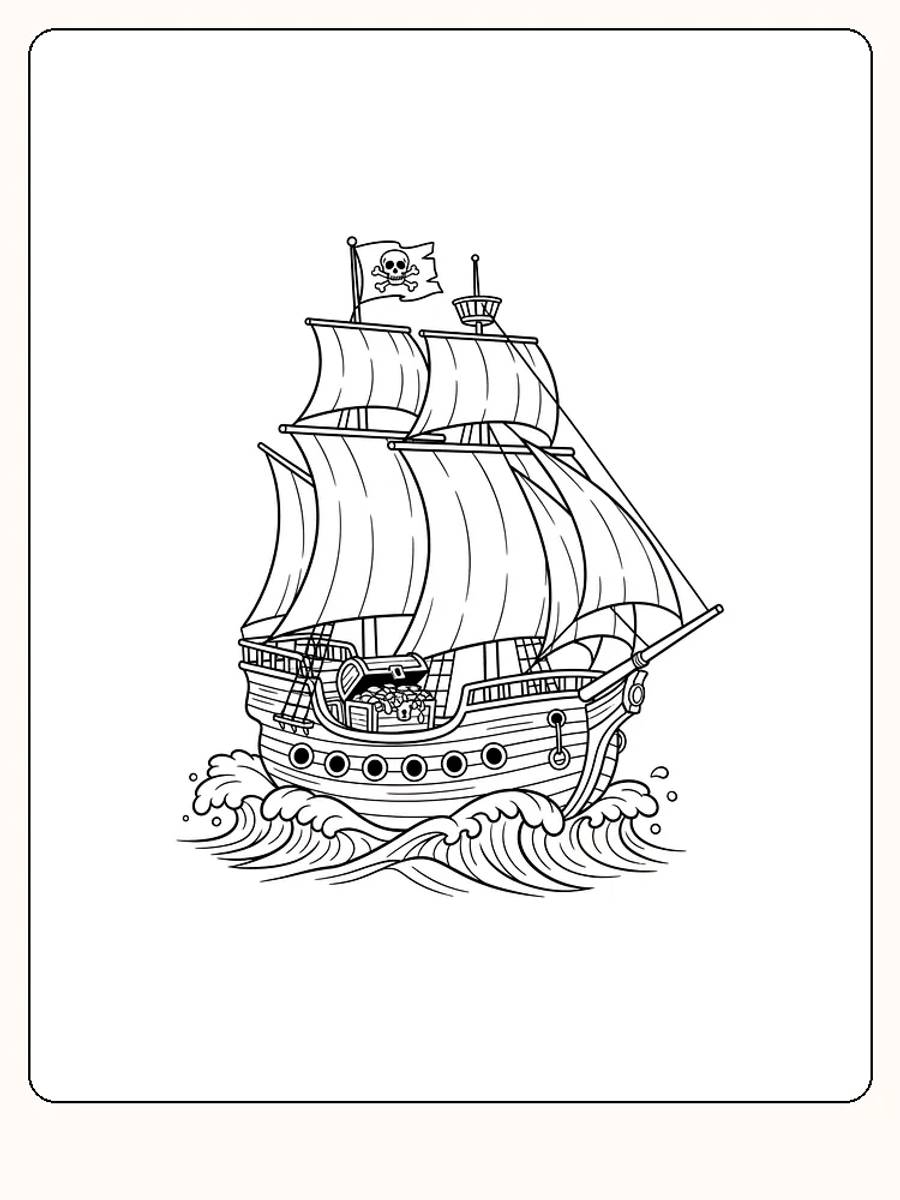 Målarbild av ett piratskepp som seglar på vågorna, klart för utskrift.