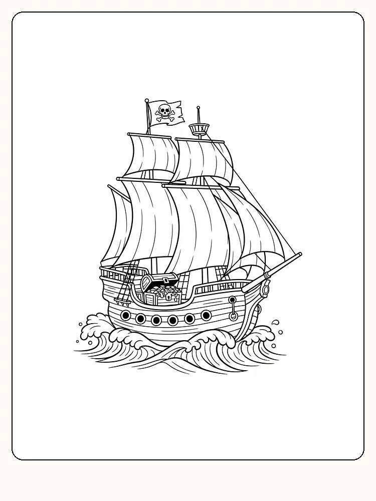 Målarbild av ett piratskepp som seglar på vågorna, klart för utskrift.