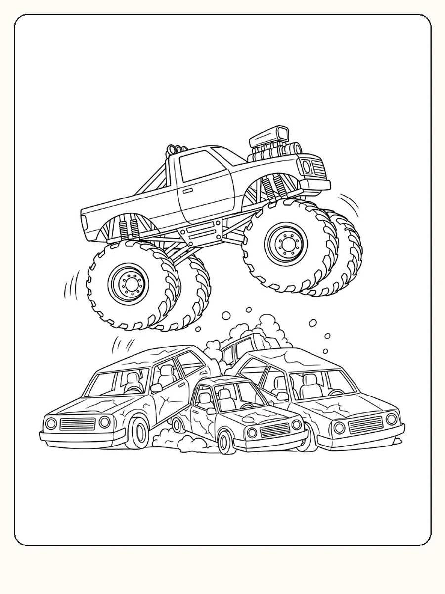 Fargeleggingsbilde av monstertruck som hopper over knuste biler