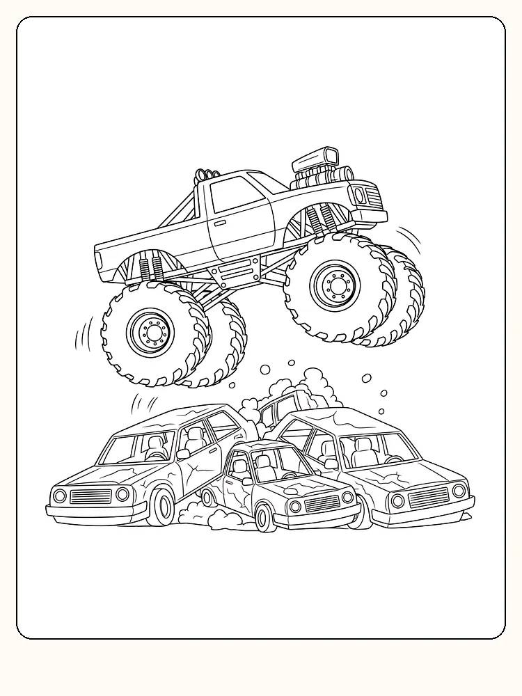Fargeleggingsbilde av monstertruck som hopper over knuste biler