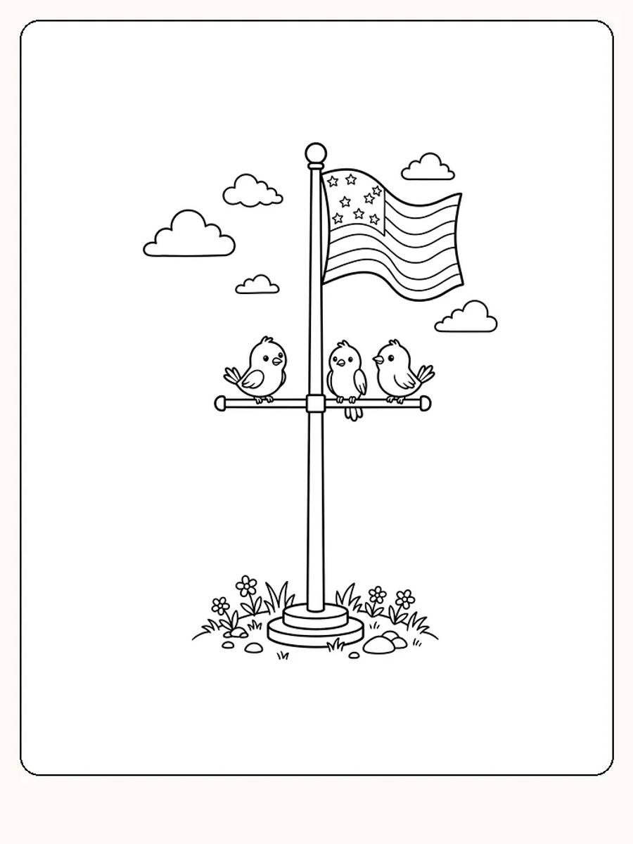 Fête nationale : mât avec drapeau, trois oiseaux sur la barre transversale, cinq nuages et herbe avec des fleurs