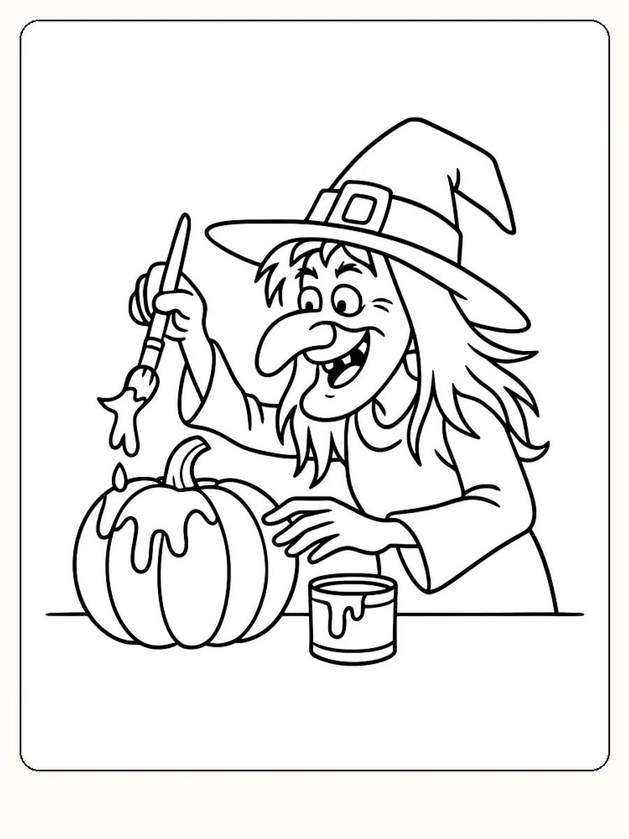 Tegning til farvelægning af en smilende heks, der maler et græskar, perfekt til halloween