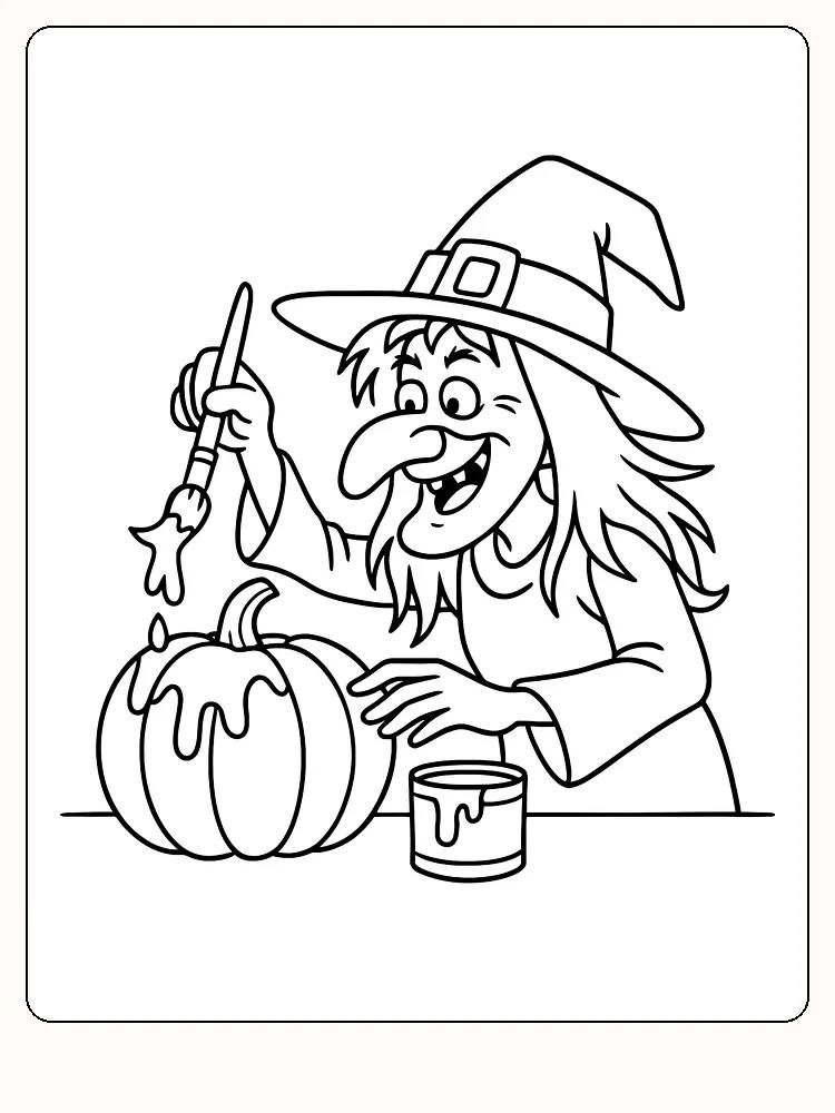 Tegning til farvelægning af en smilende heks, der maler et græskar, perfekt til halloween