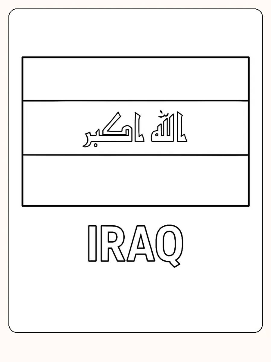 Iraks Flagge mit roten, weißen und schwarzen Streifen sowie arabischer Schrift, bereit zum Ausmalen.