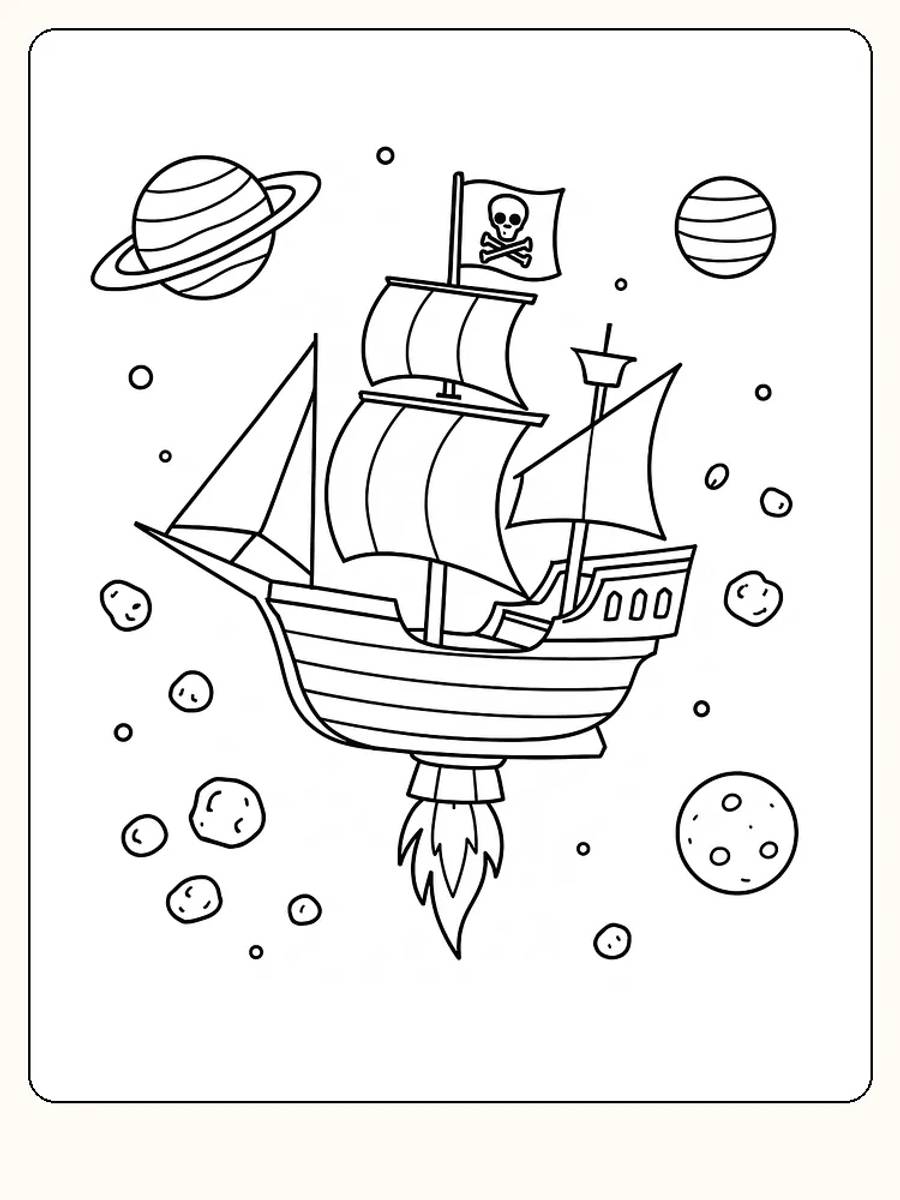 Målarbild av ett piratskepp som seglar i rymden omgiven av planeter och asteroider, redo att skrivas ut.