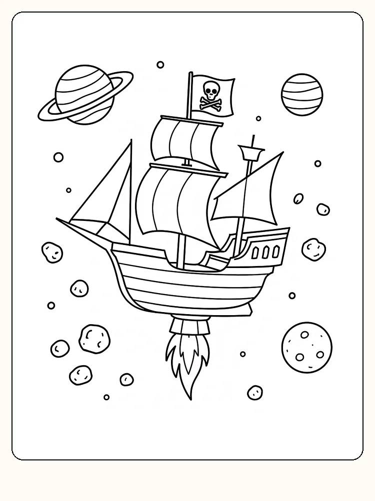 Målarbild av ett piratskepp som seglar i rymden omgiven av planeter och asteroider, redo att skrivas ut.