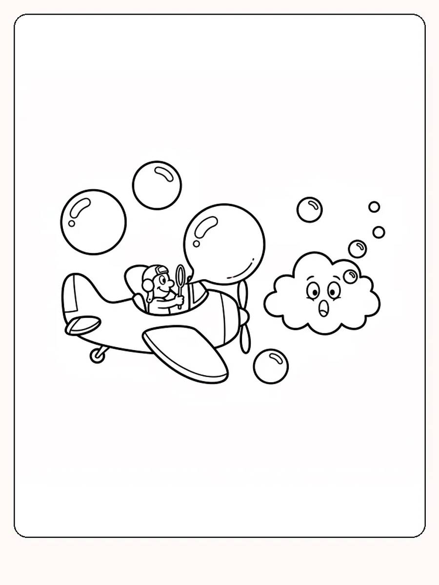 Målarbild av pilot i gammaldags flygplan, omgiven av bubblor och ett ansikte på en moln, redo för utskrift.