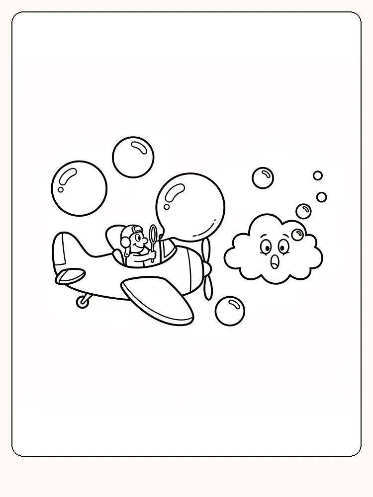 Målarbild av en pilot som flyger ett flygplan med bubblor runt omkring.