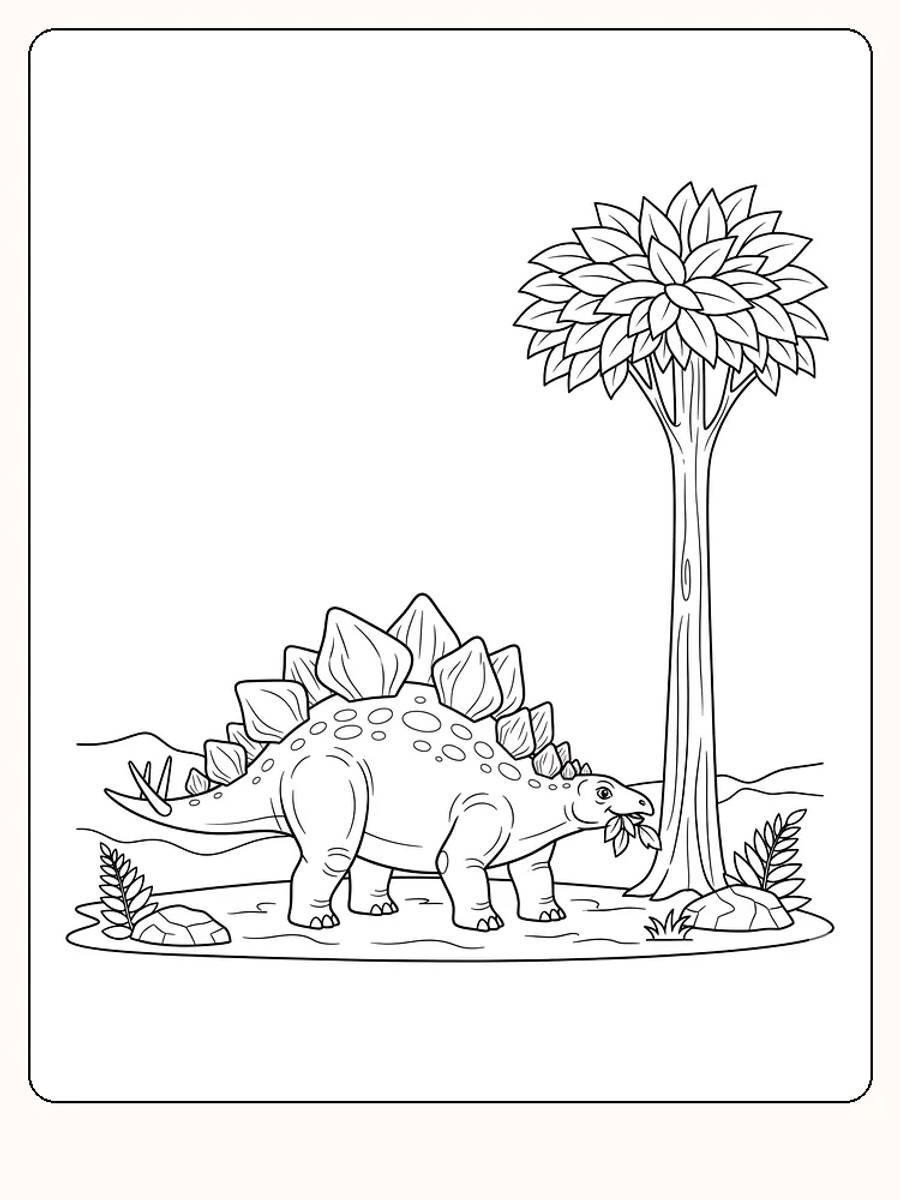 Fargeleggingstegning av dinosaur som spiser blader fra et tre, klar for utskrift