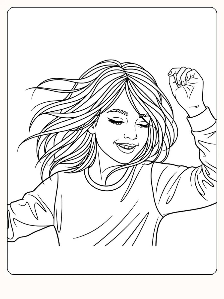Målarbild av en leende tjej med långt hår och uppsträckta händer, redo för utskrift.
