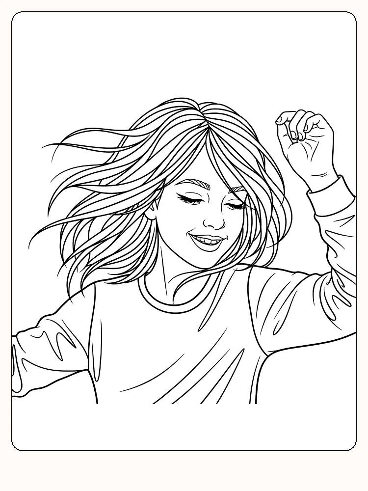 Målarbild av en leende tjej med långt hår och uppsträckta händer, redo för utskrift.