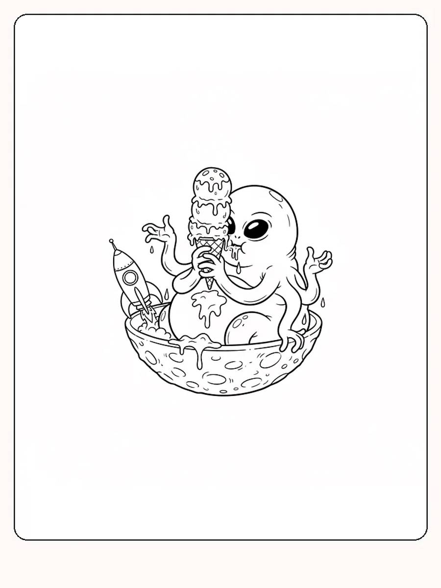 Tegning til farvelægning af en alien, der sidder på en planet med en stor is, klar til print