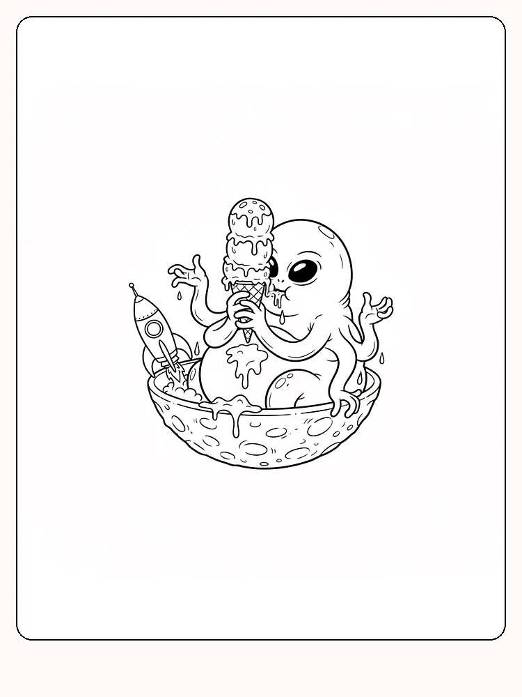Tegning til farvelægning af en alien, der sidder på en planet med en stor is, klar til print