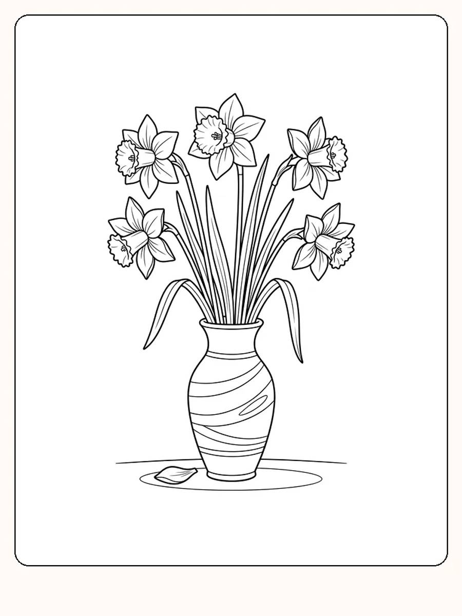 Grand vase rayé avec cinq jonquilles de hauteurs différentes, de longues feuilles et un pétale détaché posé sur la table devant