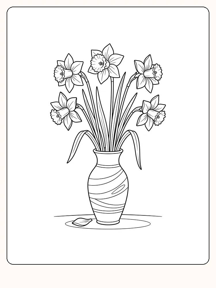 Grand vase rayé avec cinq jonquilles de hauteurs différentes, de longues feuilles et un pétale détaché posé sur la table devant