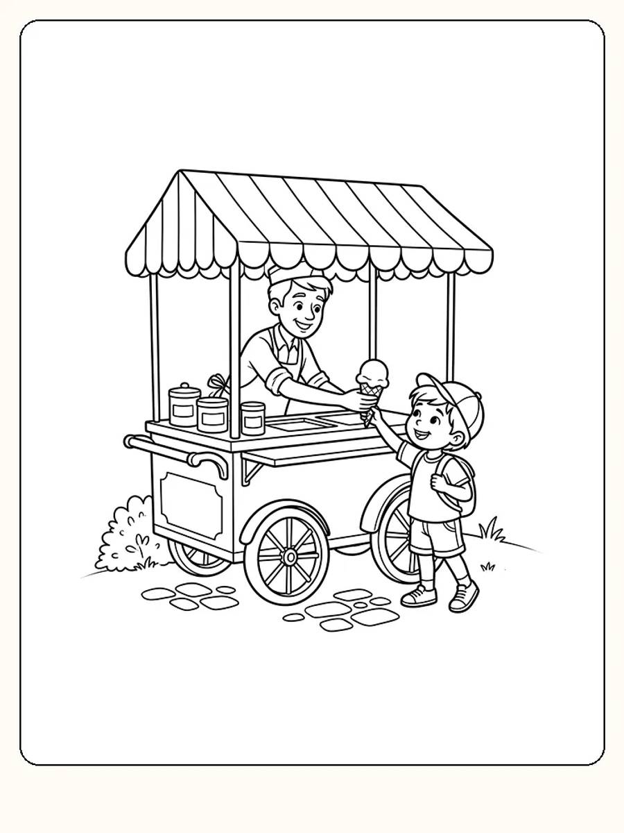 Garçon avec une casquette et un sac à dos qui tend la main vers un cornet de glace donné par un vendeur souriant, dans un chariot de glacier avec un auvent rayé