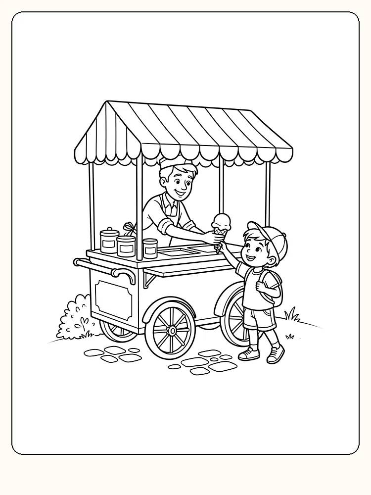 Garçon avec une casquette et un sac à dos qui tend la main vers un cornet de glace donné par un vendeur souriant, dans un chariot de glacier avec un auvent rayé