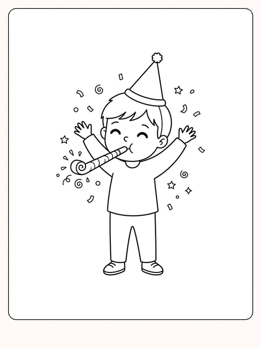 Enfant à son anniversaire avec un chapeau de fête pointu et les bras levés, qui souffle dans une langue de belle-mère rayée, entouré de confettis