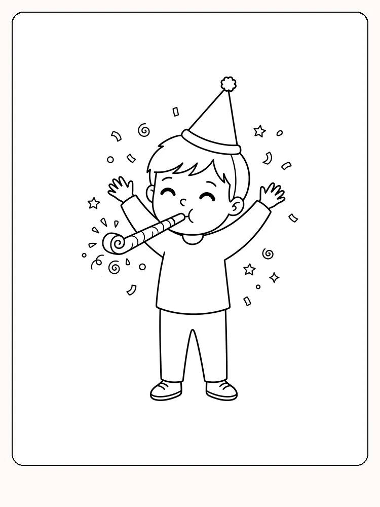 Enfant à son anniversaire avec un chapeau de fête pointu et les bras levés, qui souffle dans une langue de belle-mère rayée, entouré de confettis