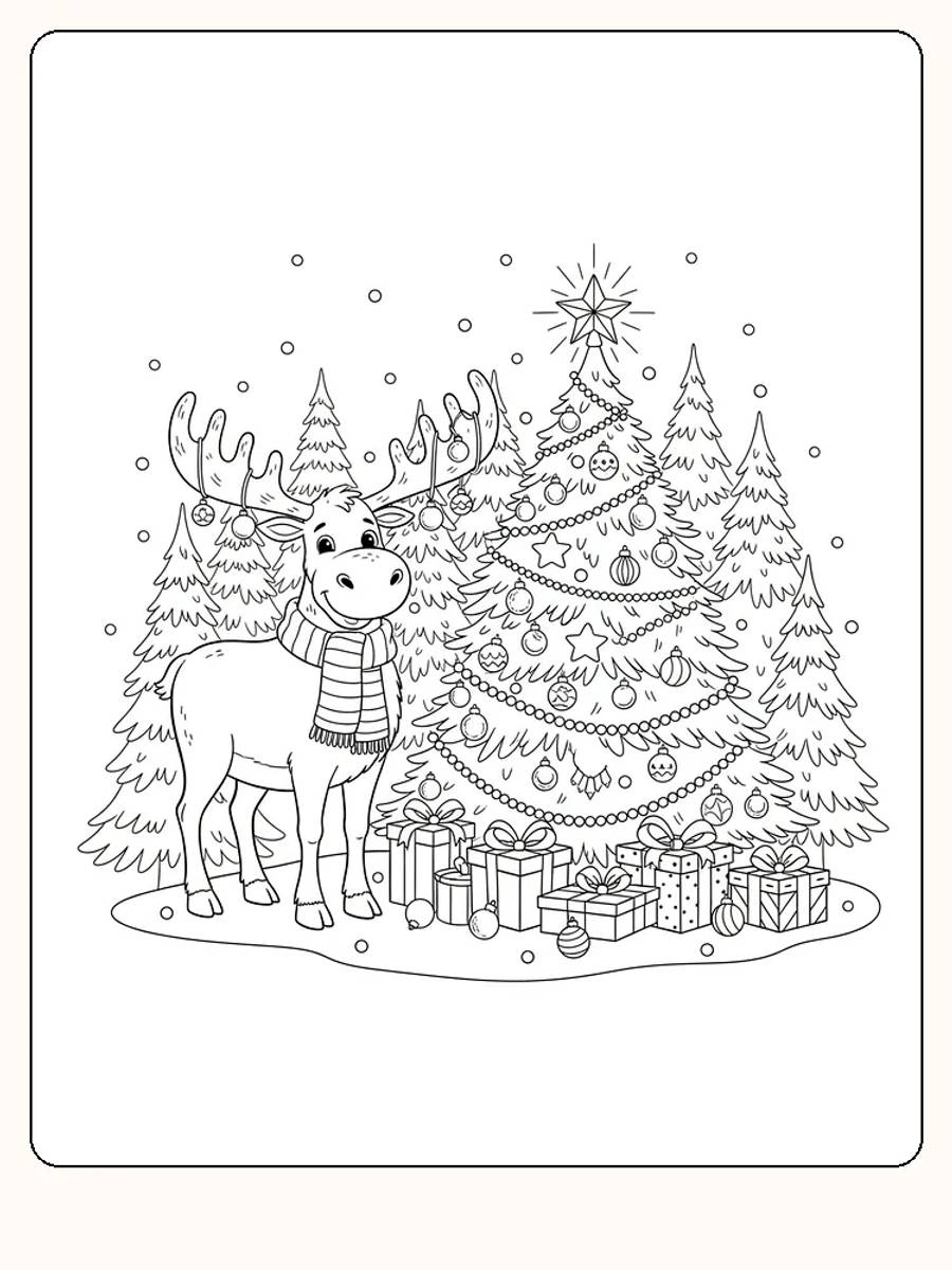 Tegning til farvelægning af elg ved pyntet juletræ, omgivet af gaver, klar til farvelægning