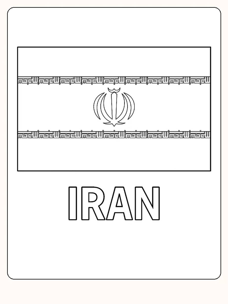 Irans Flagge in Grün, Weiß und Rot mit Emblem, bereit zum Ausmalen.