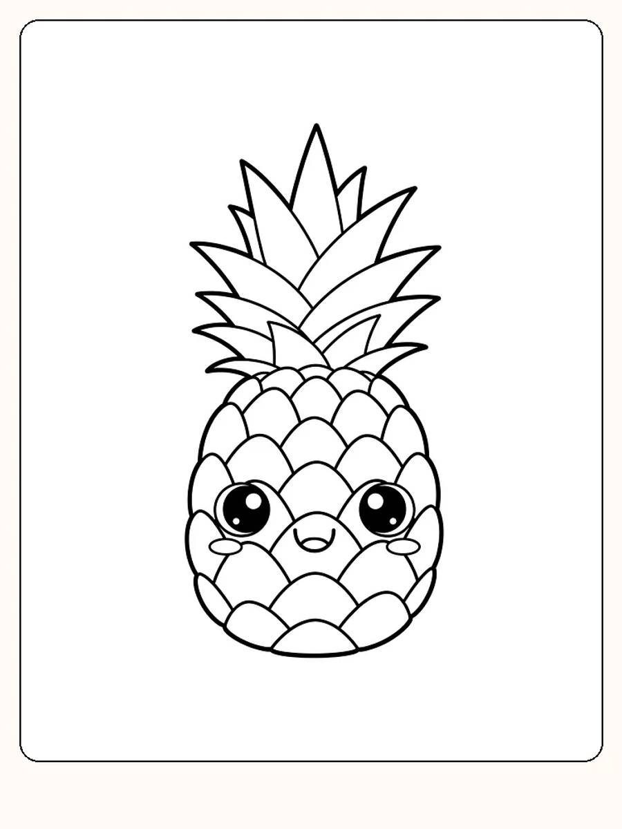 Tegning til farvelægning af en sød ananas med store, venlige øjne