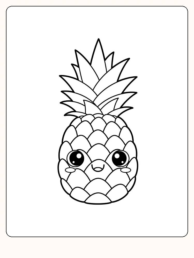 Tegning til farvelægning af en sød ananas med store, venlige øjne