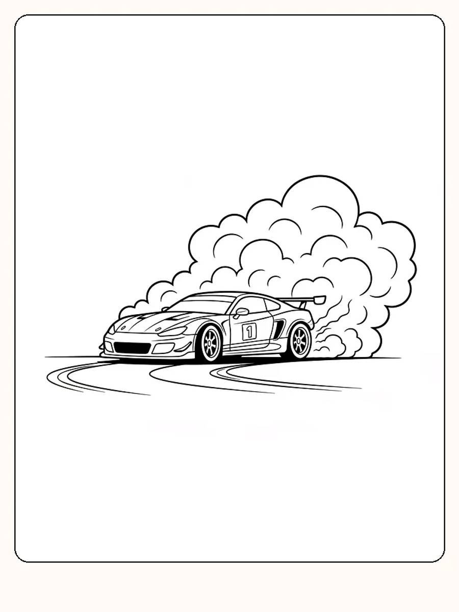 Tegning af racerbil, der drifter i et sving, klar til print