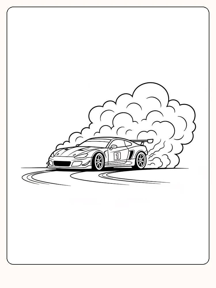 Tegning af racerbil, der drifter i et sving, klar til print