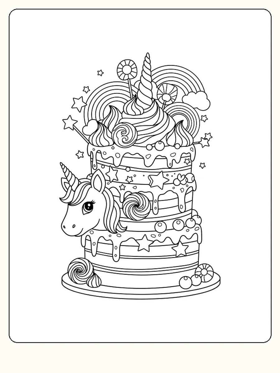 Fargeleggingstegning av en fantasifull unicorn-kake med søtsaker og regnbuer, klar for utskrift