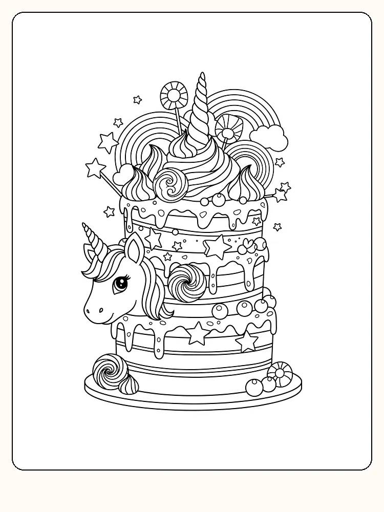 Fargeleggingstegning av en fantasifull unicorn-kake med søtsaker og regnbuer, klar for utskrift