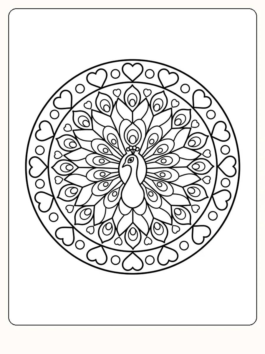 Fargeleggingsbilde av påfugl omgitt av hjerter i mandala-stil