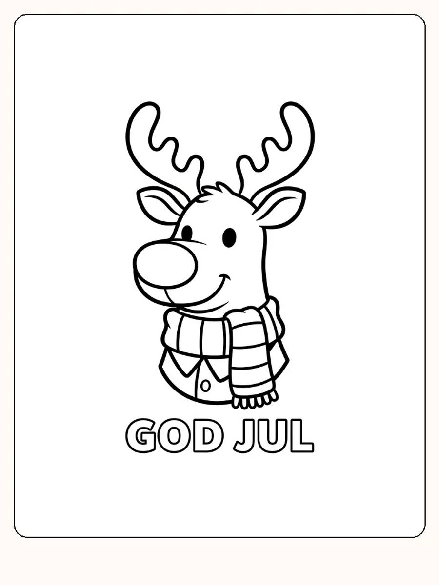 Tegning av smilende julereinsdyr med skjerf og teksten 'God Jul', perfekt for fargelegging