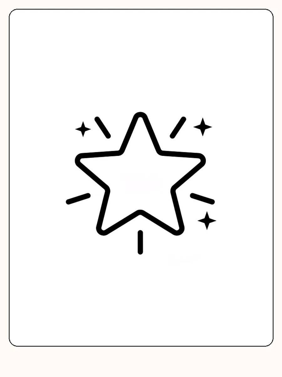 Tegning til farvelægning af en stor stjerne omgivet af små glitterstjerner, klar til print