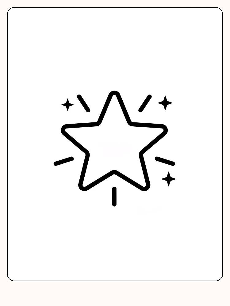 Tegning til farvelægning af en stor stjerne omgivet af små glitterstjerner, klar til print
