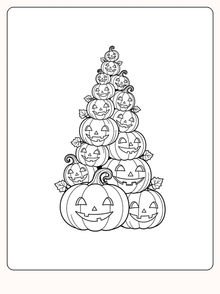 Fargeleggingstegning av stablede halloween-gresskar i pyramideform, klar til utskrift