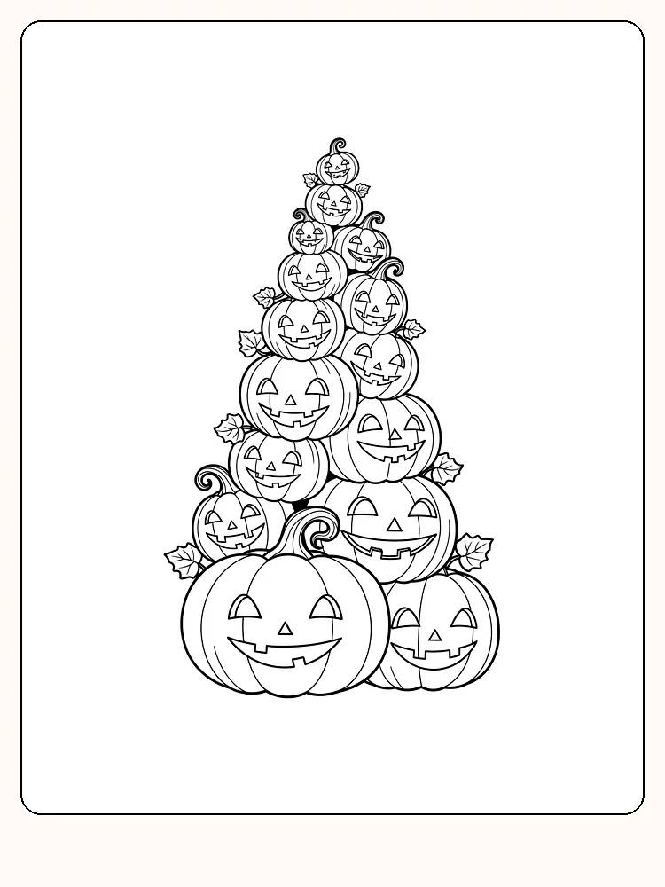 Fargeleggingstegning av stablede halloween-gresskar i pyramideform, klar til utskrift