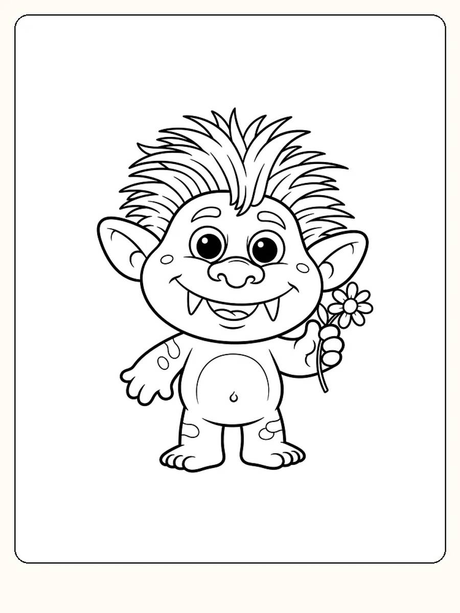 Fargeleggingstegning av et smilende troll som holder en blomst, klart for utskrift