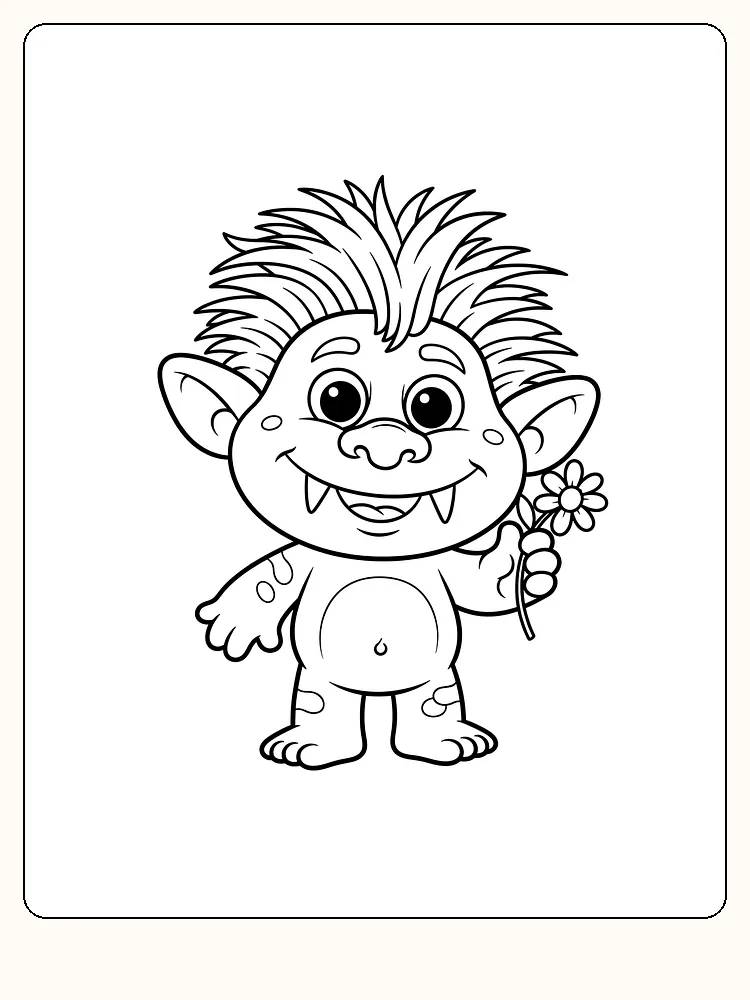 Fargeleggingstegning av et smilende troll som holder en blomst, klart for utskrift