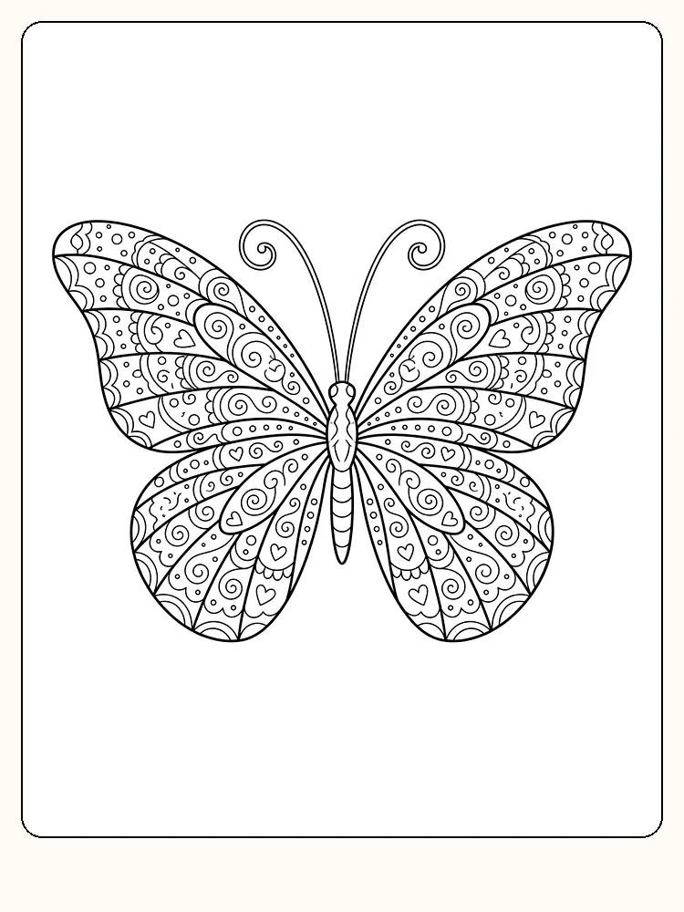 Detaillierter Schmetterling von oben mit symmetrischen Flügeln voller Herzen, Spiralen und Punkte und mit gekringelten Fühlern