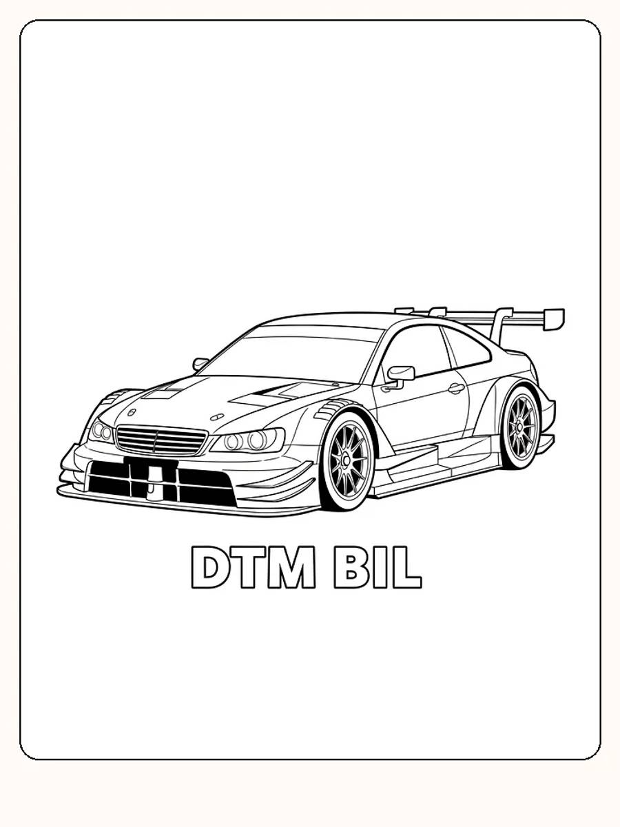 Tegning til farvelægning af en DTM-racerbil med flotte detaljer, klar til print