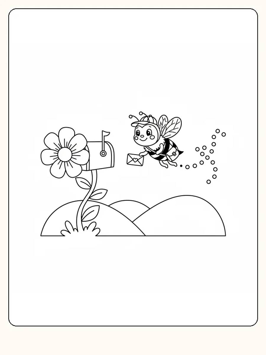 Fargeleggingstegning av en glad bie som flyr med en konvolutt mot en blomst og postkasse