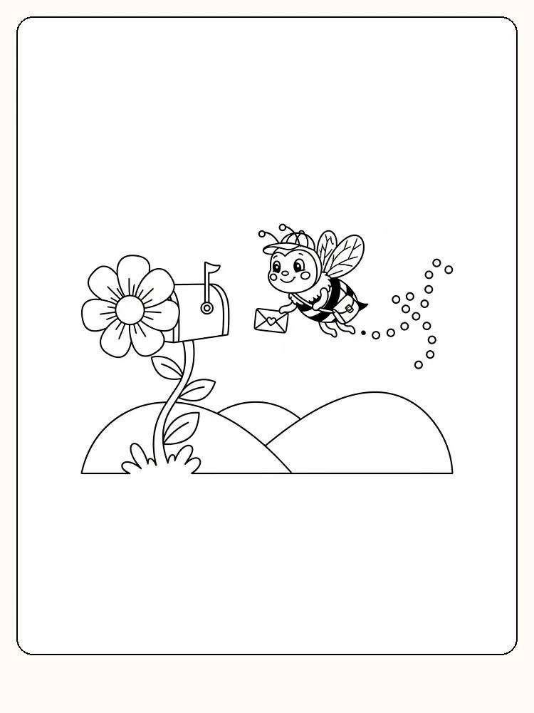 Fargeleggingstegning av en glad bie som flyr med en konvolutt mot en blomst og postkasse