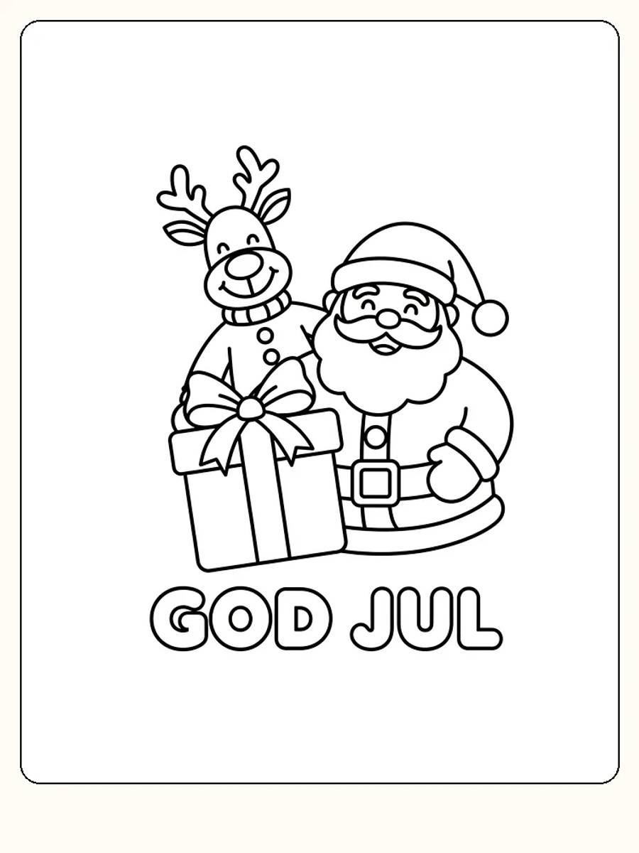 Fargelegging av julenisse og reinsdyr som holder en stor gave med teksten 'GOD JUL'