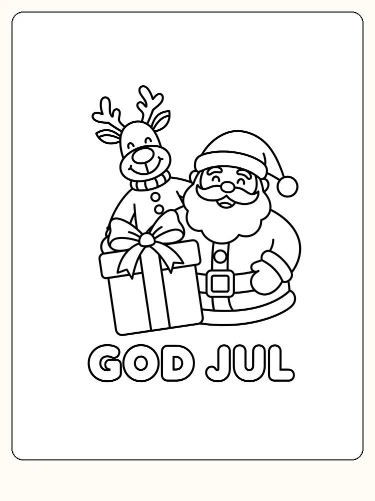 Fargelegging av julenisse og reinsdyr som holder en stor gave med teksten 'GOD JUL'